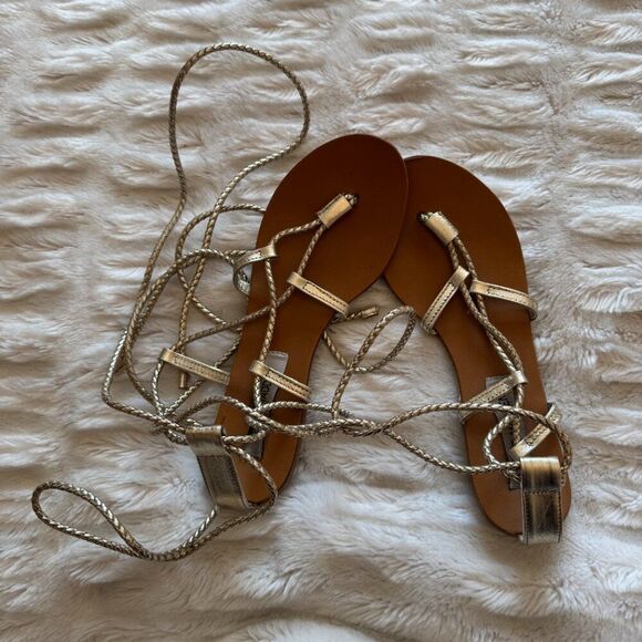 Steve Madden Werkit Gold Leather Leg Wrap Gladiator Sandals - Picture 12 of 16